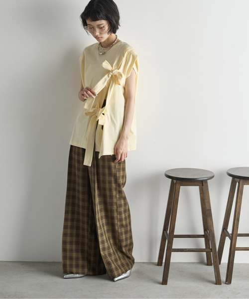 セール】2WAYリボンモチーフアシメスリットノースリーブTシャツ