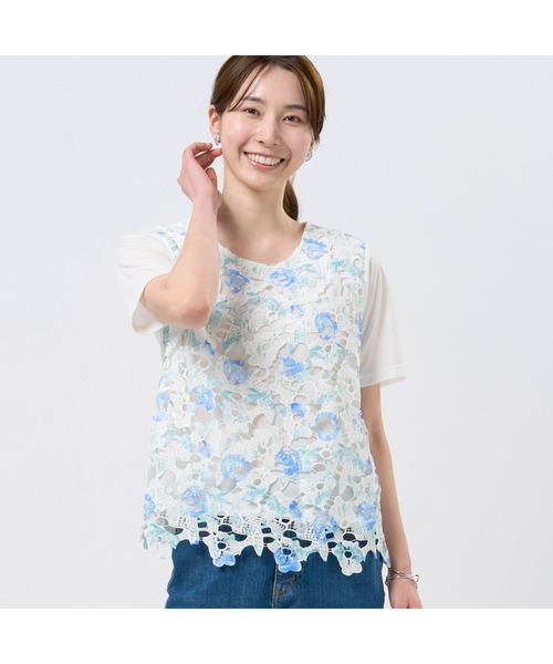 TOKYO SHIRTS(トウキョウシャツ)の「花柄レースプルオーバー 半袖(シャツ/ブラウス・レディース・ブルー/パープル/ピンク・M/L/LL)」の2枚目の写真