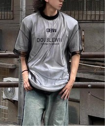 AsheKsha（アシクシャ）の「新作】レースメッシュ切り替え＆ロゴプリント オーバーサイズTシャツ（ユニセックス）（Tシャツ/カットソー）」
