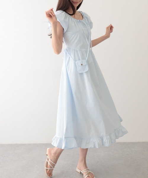 Lace Ladies（レースレディース）の「ポシェット付き ラウンドネック ギャザー ロング ワンピース（ワンピース・レディース・アイボリー/ブルー/イエロー/グリーン・FREE）」の3枚目の写真