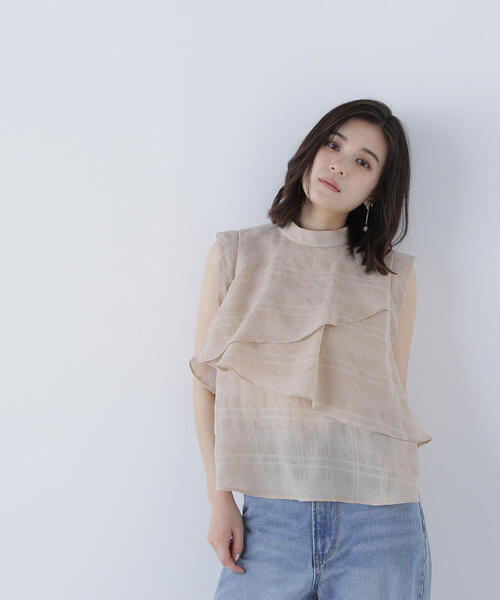 ナチュラルビューティーベーシック（NATURAL BEAUTY BASIC）/サッカーチェックラッフルブラウス セール】◇サッカーチェックラッフルブラウス（シャツ/ブラウス