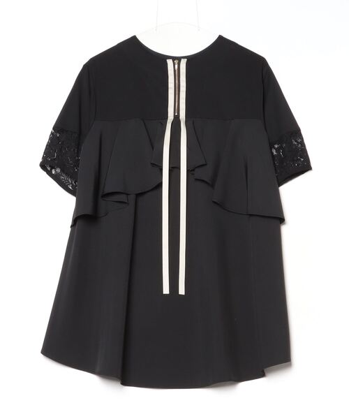 EGLANTINE（エグランティーヌ）の「EGLANTINE 異素材切り替えバックフレアーカットソー半袖チュニック丈（Tシャツ/カットソー・レディース・ブラック/オフホワイト/ベージュ・40）」の7枚目の写真