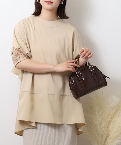 EGLANTINE（エグランティーヌ）の「EGLANTINE 異素材切り替えバックフレアーカットソー半袖チュニック丈（Tシャツ/カットソー・レディース・ブラック/オフホワイト/ベージュ・40）」の3枚目の写真