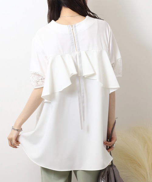 tシャツ EGLANTINE 異素材切り替えバックフレアーカットソー半袖チュニック丈 レディース セール】EGLANTINE 異素材切り替えバックフレアーカットソー半袖