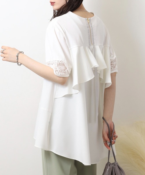 EGLANTINE（エグランティーヌ）の「EGLANTINE 異素材切り替えバックフレアーカットソー半袖チュニック丈（Tシャツ/カットソー・レディース・ブラック/オフホワイト/ベージュ・40）」の21枚目の写真