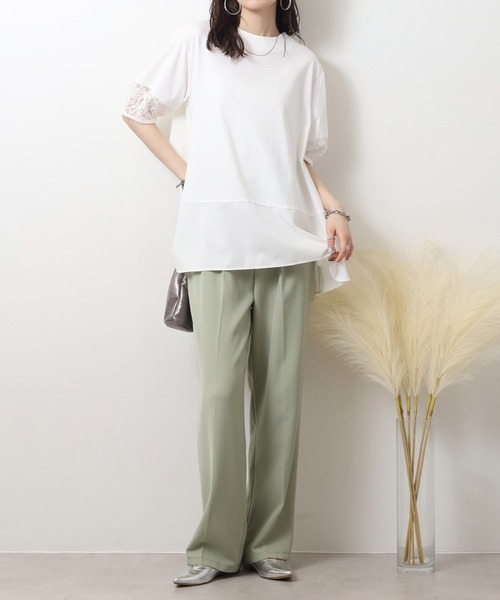 EGLANTINE（エグランティーヌ）の「EGLANTINE 異素材切り替えバックフレアーカットソー半袖チュニック丈（Tシャツ/カットソー・レディース・ブラック/オフホワイト/ベージュ・40）」の22枚目の写真