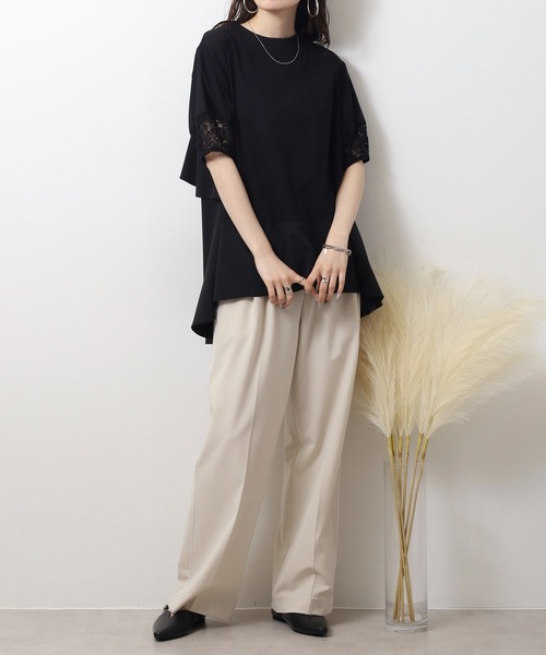 EGLANTINE（エグランティーヌ）の「EGLANTINE 異素材切り替えバックフレアーカットソー半袖チュニック丈（Tシャツ/カットソー・レディース・ブラック/オフホワイト/ベージュ・40）」の16枚目の写真