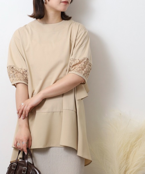EGLANTINE（エグランティーヌ）の「EGLANTINE 異素材切り替えバックフレアーカットソー半袖チュニック丈（Tシャツ/カットソー・レディース・ブラック/オフホワイト/ベージュ・40）」の18枚目の写真