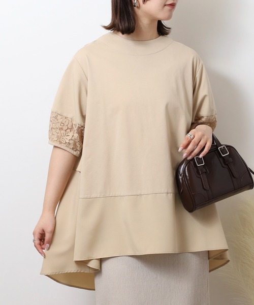 EGLANTINE（エグランティーヌ）の「EGLANTINE 異素材切り替えバックフレアーカットソー半袖チュニック丈（Tシャツ/カットソー・レディース・ブラック/オフホワイト/ベージュ・40）」の19枚目の写真