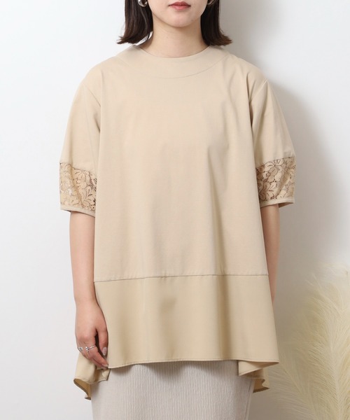EGLANTINE（エグランティーヌ）の「EGLANTINE 異素材切り替えバックフレアーカットソー半袖チュニック丈（Tシャツ/カットソー・レディース・ブラック/オフホワイト/ベージュ・40）」の12枚目の写真
