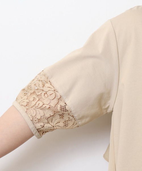 EGLANTINE（エグランティーヌ）の「EGLANTINE 異素材切り替えバックフレアーカットソー半袖チュニック丈（Tシャツ/カットソー・レディース・ブラック/オフホワイト/ベージュ・40）」の5枚目の写真