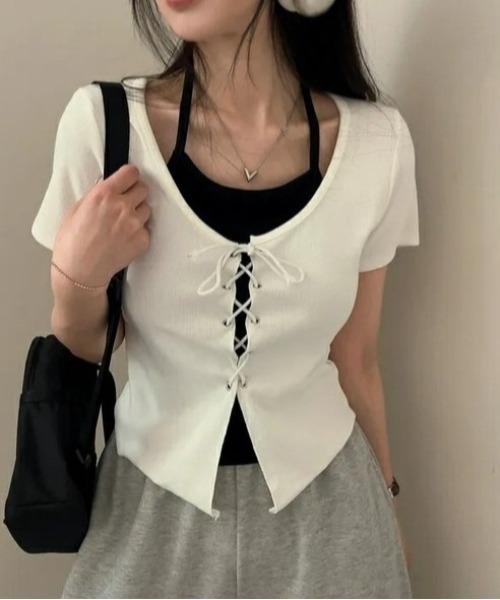 Ada.（エイダ）の「レイヤード風 フロント レースアップ カットソー（Tシャツ/カットソー・レディース・ホワイト/ブラック・FREE）」の18枚目の写真