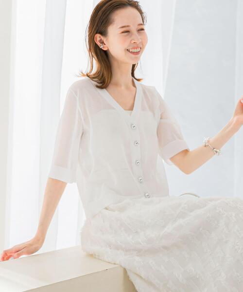 URBAN RESEARCH ROSSO WOMEN(アーバンリサーチ ロッソ)の「デザインボタンシアーカーディガン(カーディガン/ボレロ・レディース・ブルー/ホワイト・FREE)」の1枚目の写真