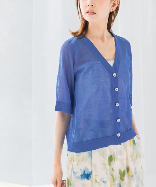 URBAN RESEARCH ROSSO WOMEN(アーバンリサーチ ロッソ)の「デザインボタンシアーカーディガン(カーディガン/ボレロ・レディース・ブルー/ホワイト・FREE)」の2枚目の写真