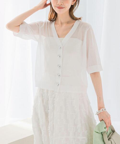 URBAN RESEARCH ROSSO WOMEN(アーバンリサーチ ロッソ)の「デザインボタンシアーカーディガン(カーディガン/ボレロ・レディース・ブルー/ホワイト・FREE)」の4枚目の写真