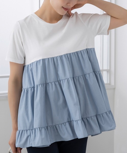 Sono(ソーノ)の「【新作5/8発売】ご自宅でお洗濯可能/UVカット/ストレッチ/接触冷感【SONO/ソーノ】エッセンシャルコットン ティアードフレアTee(Tシャツ/カットソー・レディース・ホワイト/ホワイト×ブラック/ブラック/ライトブルー・F)」の4枚目の写真
