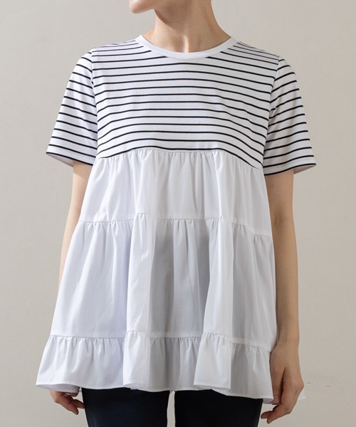 Sono(ソーノ)の「【新作5/8発売】ご自宅でお洗濯可能/UVカット/ストレッチ/接触冷感【SONO/ソーノ】エッセンシャルコットン ティアードフレアTee(Tシャツ/カットソー・レディース・ホワイト/ホワイト×ブラック/ブラック/ライトブルー・F)」の14枚目の写真