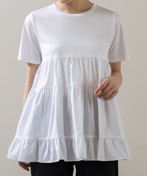 Sono(ソーノ)の「【新作5/8発売】ご自宅でお洗濯可能/UVカット/ストレッチ/接触冷感【SONO/ソーノ】エッセンシャルコットン ティアードフレアTee(Tシャツ/カットソー・レディース・ホワイト/ホワイト×ブラック/ブラック/ライトブルー・F)」の15枚目の写真