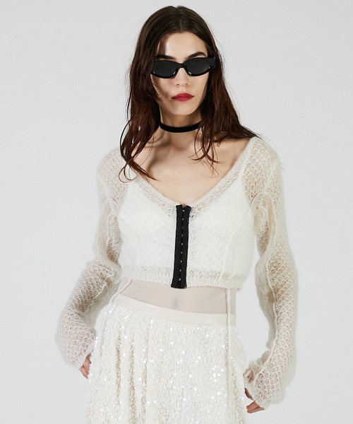 PRANK PROJECT（プランクプロジェクト）の「モヘアメッシュショートカーデ / Mohair Mesh Short Cardigan（カーディガン/ボレロ・レディース・グレー/ホワイト/ブラウン・FREE）」の2枚目の写真