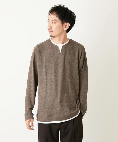 MEN'S MELROSE(メンズメルローズ)の「リンクスストライプ フェイクレイヤーキーネックTシャツ(Tシャツ/カットソー・メンズ・グレー/ブラウン/ネイビー・3/4/2)」の3枚目の写真