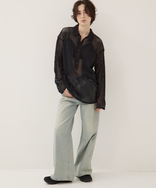 CLANE メッシュプルオーバーシャツ　ブラック　サイズ2 CLANE/クラネ】MESH POCKET OVER SHIRTS/メッシュポケット