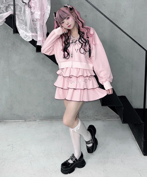 セール】リボンプリント レースZIPパーカー / フロントロゴ ダブル