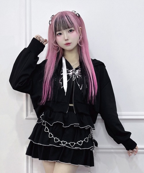 セール】リボンプリント レースZIPパーカー / フロントロゴ ダブル