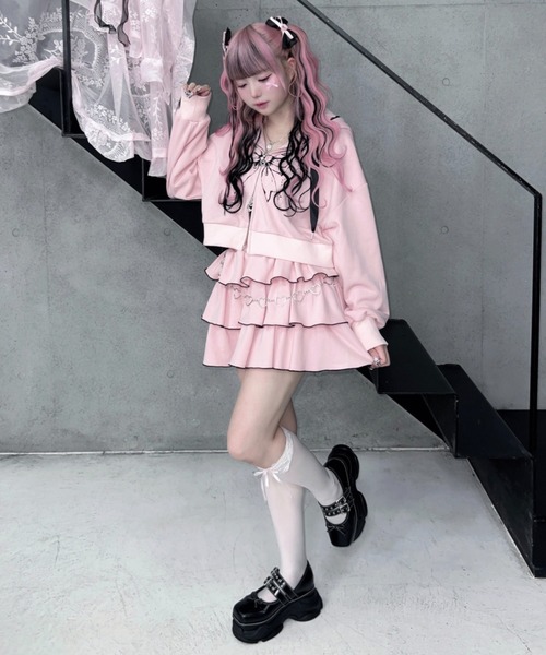 セール】リボンプリント レースZIPパーカー / フロントロゴ ダブル