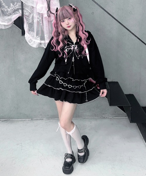 セール】リボンプリント レースZIPパーカー / フロントロゴ ダブル