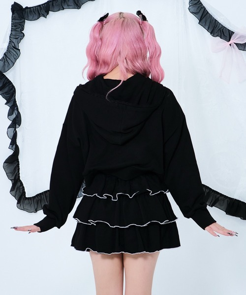 セール】リボンプリント レースZIPパーカー / フロントロゴ ダブル