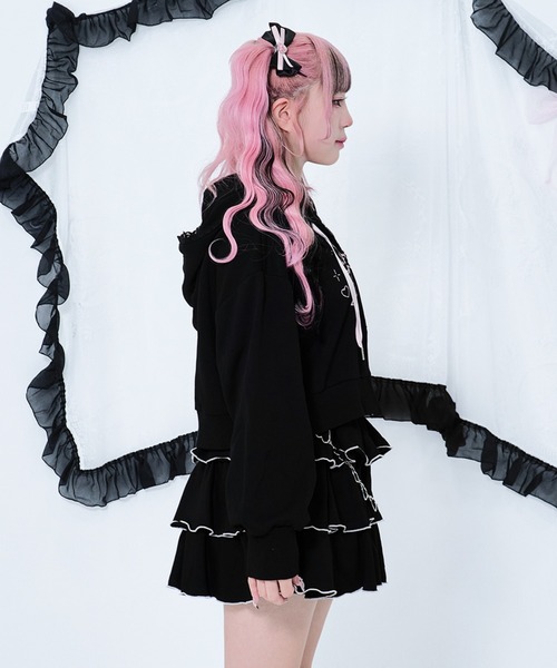 セール】リボンプリント レースZIPパーカー / フロントロゴ ダブル