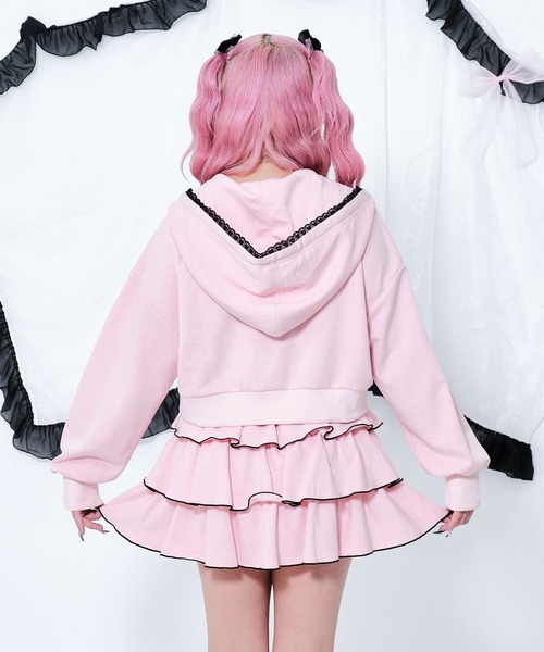 セール】リボンプリント レースZIPパーカー / フロントロゴ ダブル