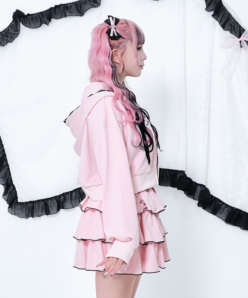 セール】リボンプリント レースZIPパーカー / フロントロゴ ダブル