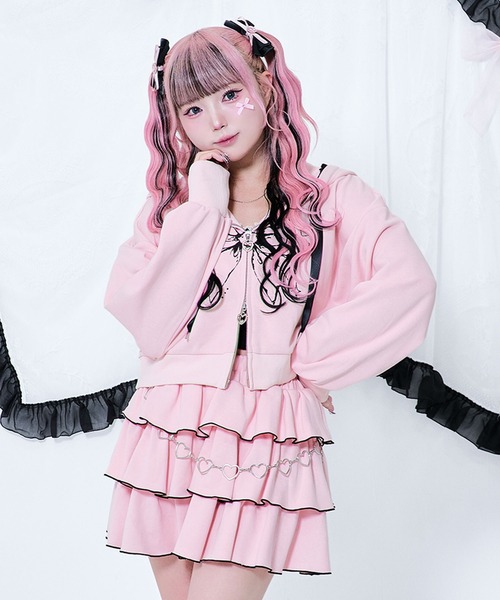 セール】リボンプリント レースZIPパーカー / フロントロゴ ダブル