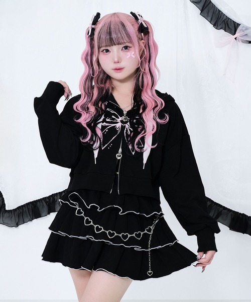 セール】リボンプリント レースZIPパーカー / フロントロゴ ダブル