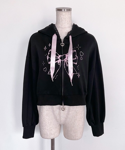 専用♡D10美品◆PATOU近年モデル/バッグロゴ/リボン◆ジップアップパーカー セール】リボンプリント レースZIPパーカー / フロントロゴ ダブル