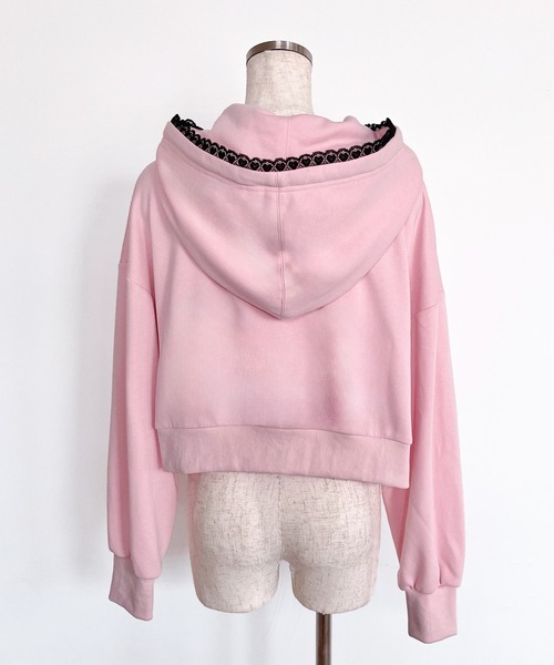 セール】リボンプリント レースZIPパーカー / フロントロゴ ダブル