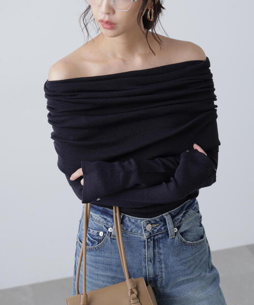 FREE'S MART（フリーズマート）の「◆【RIO企画】袖口ボタンオフショルニット〈MFM〉（ニット/セーター・レディース・グレー/ホワイト/ピンク/ネイビー・FREE）」の6枚目の写真