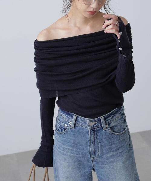 FREE'S MART（フリーズマート）の「◆【RIO企画】袖口ボタンオフショルニット〈MFM〉（ニット/セーター・レディース・グレー/ホワイト/ピンク/ネイビー・FREE）」の7枚目の写真