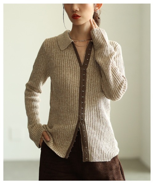 Sawa a la mode(サワアラモード)の「ミックスニットホック付きポロトップス(ニット/セーター・レディース・チャコールグレー/アイボリー・FREE)」の10枚目の写真