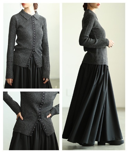 Sawa a la mode(サワアラモード)の「ミックスニットホック付きポロトップス(ニット/セーター・レディース・チャコールグレー/アイボリー・FREE)」の18枚目の写真