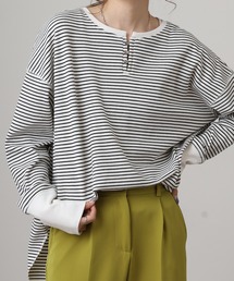 リブ裾ラウンドヘンリーネックプルオーバー長袖 Tシャツ