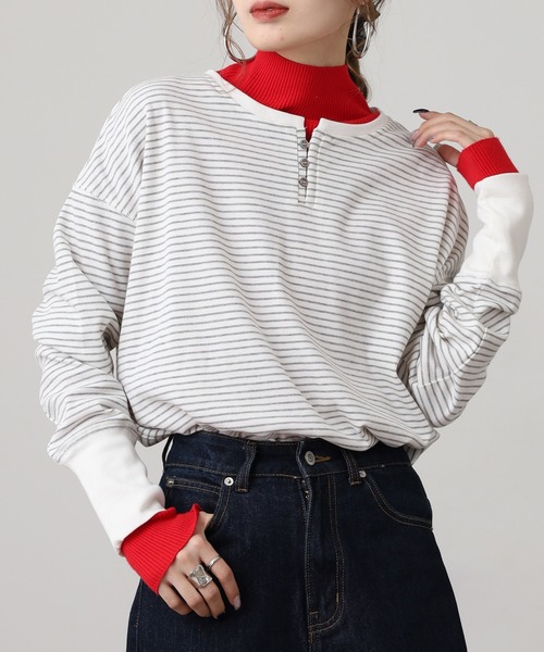 OMNES(オムネス)の「リブ裾ラウンドヘンリーネックプルオーバー長袖 Tシャツ(Tシャツ/カットソー・レディース・ホワイト×グレー/ベージュ系その他/ラベンダー/ホワイト×ブラック/アイボリー/グレー系その他/グレー系その他2・FREE)」の3枚目の写真