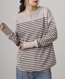 リブ裾ラウンドヘンリーネックプルオーバー長袖 Tシャツ