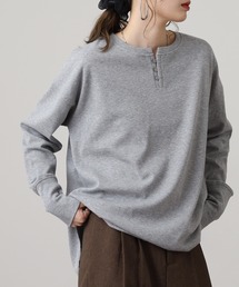 リブ裾ラウンドヘンリーネックプルオーバー長袖 Tシャツ