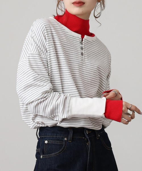 OMNES(オムネス)の「リブ裾ラウンドヘンリーネックプルオーバー長袖 Tシャツ(Tシャツ/カットソー・レディース・ホワイト×グレー/ベージュ系その他/ラベンダー/ホワイト×ブラック/アイボリー/グレー系その他/グレー系その他2・FREE)」の18枚目の写真