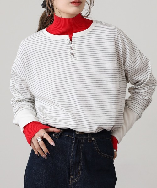 OMNES(オムネス)の「リブ裾ラウンドヘンリーネックプルオーバー長袖 Tシャツ(Tシャツ/カットソー・レディース・ホワイト×グレー/ベージュ系その他/ラベンダー/ホワイト×ブラック/アイボリー/グレー系その他/グレー系その他2・FREE)」の17枚目の写真