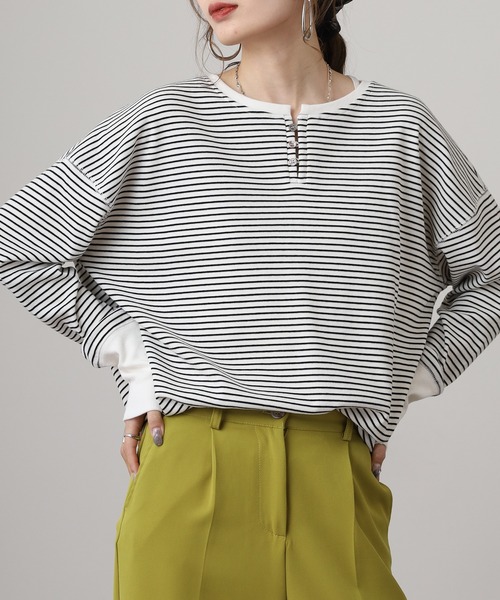 OMNES(オムネス)の「リブ裾ラウンドヘンリーネックプルオーバー長袖 Tシャツ(Tシャツ/カットソー・レディース・ホワイト×グレー/ベージュ系その他/ラベンダー/ホワイト×ブラック/アイボリー/グレー系その他/グレー系その他2・FREE)」の13枚目の写真