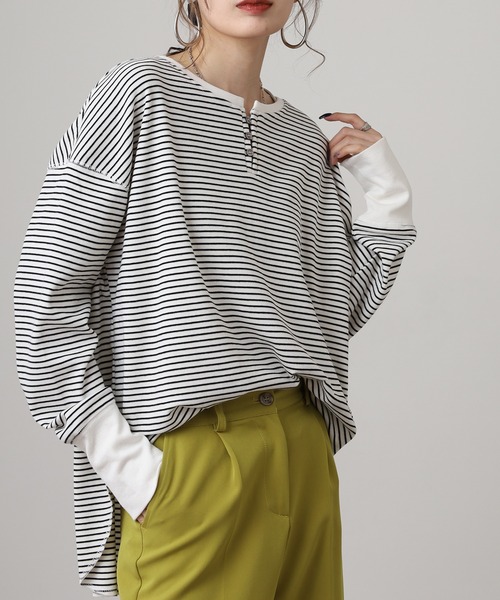 OMNES(オムネス)の「リブ裾ラウンドヘンリーネックプルオーバー長袖 Tシャツ(Tシャツ/カットソー・レディース・ホワイト×グレー/ベージュ系その他/ラベンダー/ホワイト×ブラック/アイボリー/グレー系その他/グレー系その他2・FREE)」の14枚目の写真