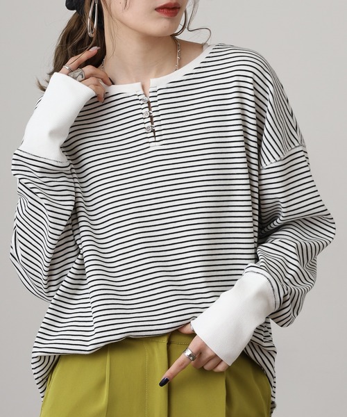 OMNES(オムネス)の「リブ裾ラウンドヘンリーネックプルオーバー長袖 Tシャツ(Tシャツ/カットソー・レディース・ホワイト×グレー/ベージュ系その他/ラベンダー/ホワイト×ブラック/アイボリー/グレー系その他/グレー系その他2・FREE)」の12枚目の写真